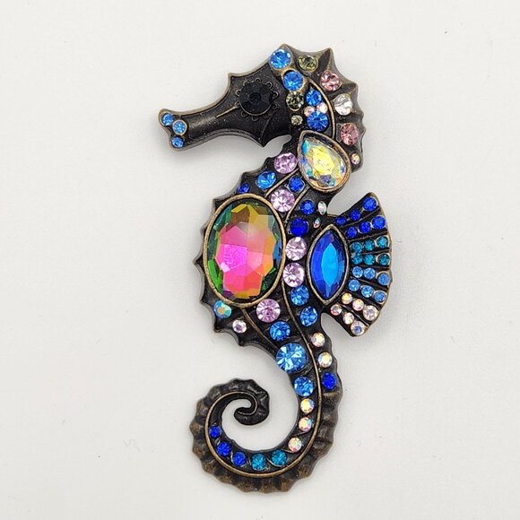 Rhinestone Seahorse Antique Gold Tone Brooch Pin Embellishment Jewelry Blue - Picture 1 of 5